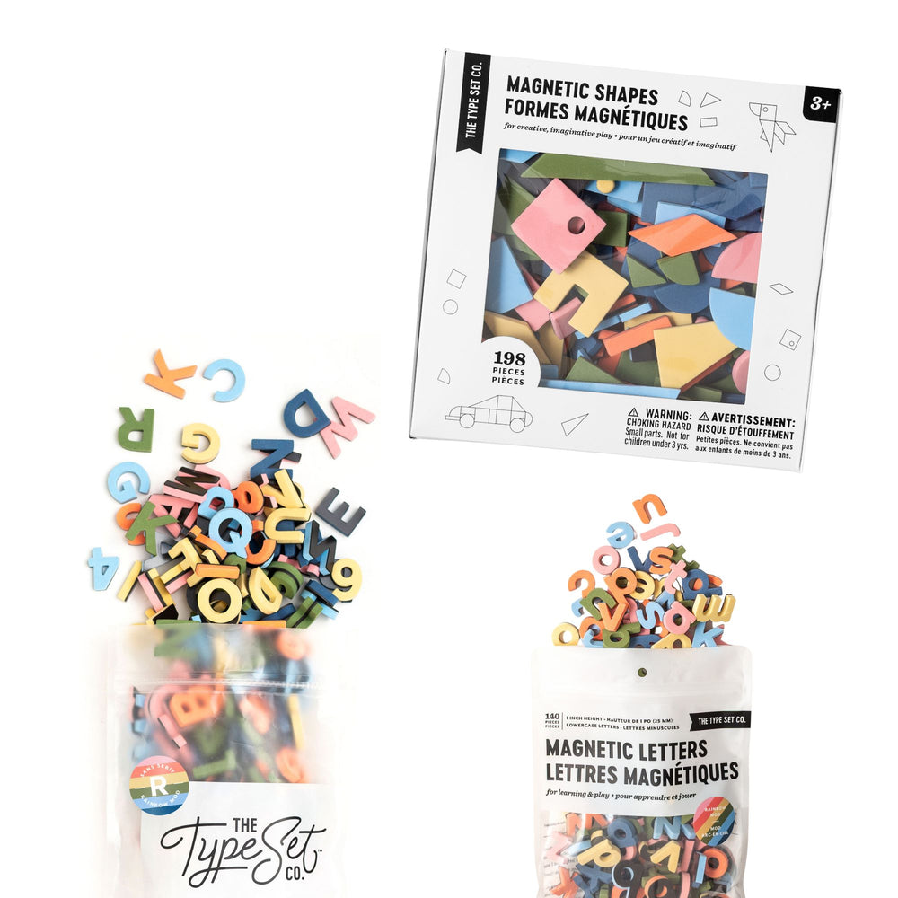 Rainbow Mod Bundle of small magnetic letter and shape sets on a white background