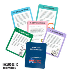 Set of Alphabet Activity Cards with colorful cards and a blue card displaying 'Learn & Play' branding.