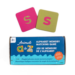 Alphabet memory matching game in packaging with animal and letter tiles on white background