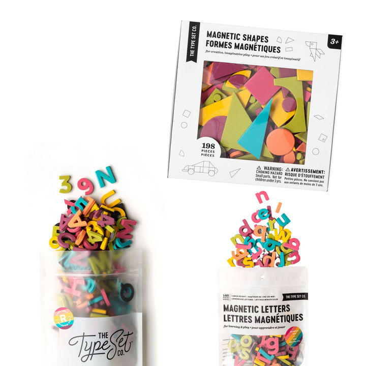 Rainbow Pop Bundle of small magnetic letter and shape sets on a white background