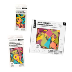 Rainbow Pop Bundle of magnetic letter and shape sets on a white background