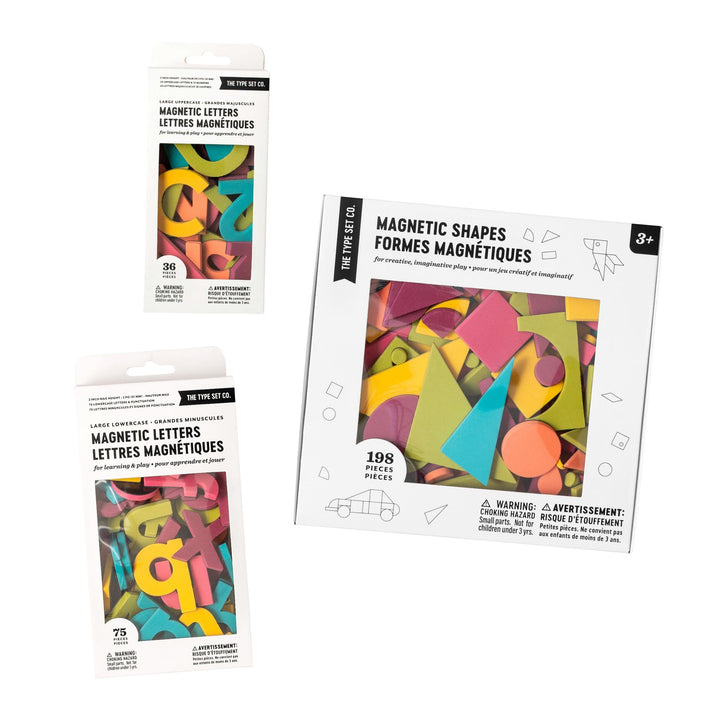 Rainbow Pop Bundle of magnetic letter and shape sets on a white background