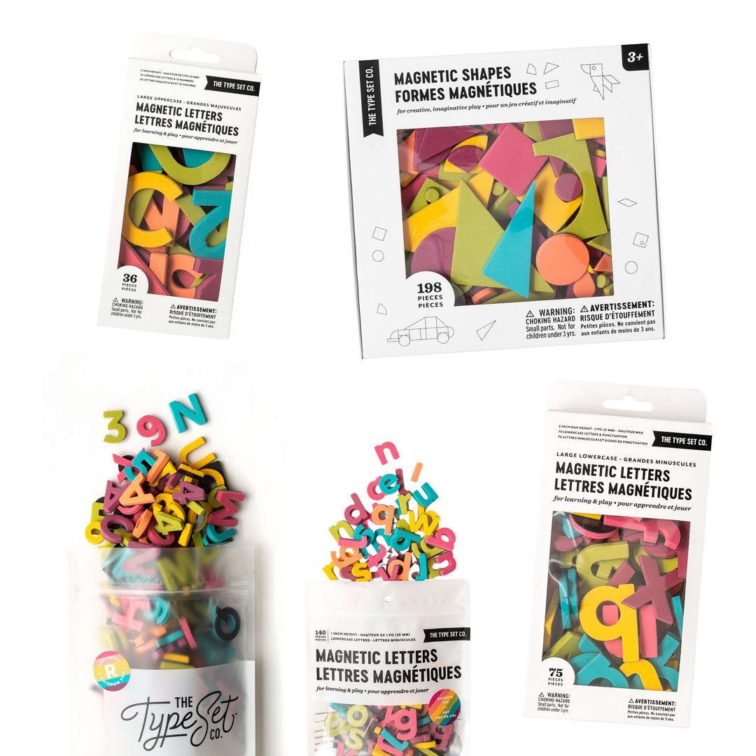 Mega Rainbow Pop Bundle of magnetic letter and shape sets on a white background