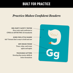 Diagram highlighting the features of an Animals A to Z practice card, including third-party safety testing to CPSIA and ASTM F963-23 standards, a 4 by 5 inch size designed for small hands, a reusable dry-erase surface, and traceable letters that support fine motor skills and letter formation.