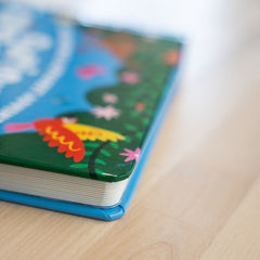 Close-up of children's book showing thick, high-quality pages and cover