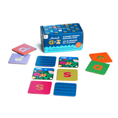 Children's alphabet memory matching game with colorful cards and packaging on a white background