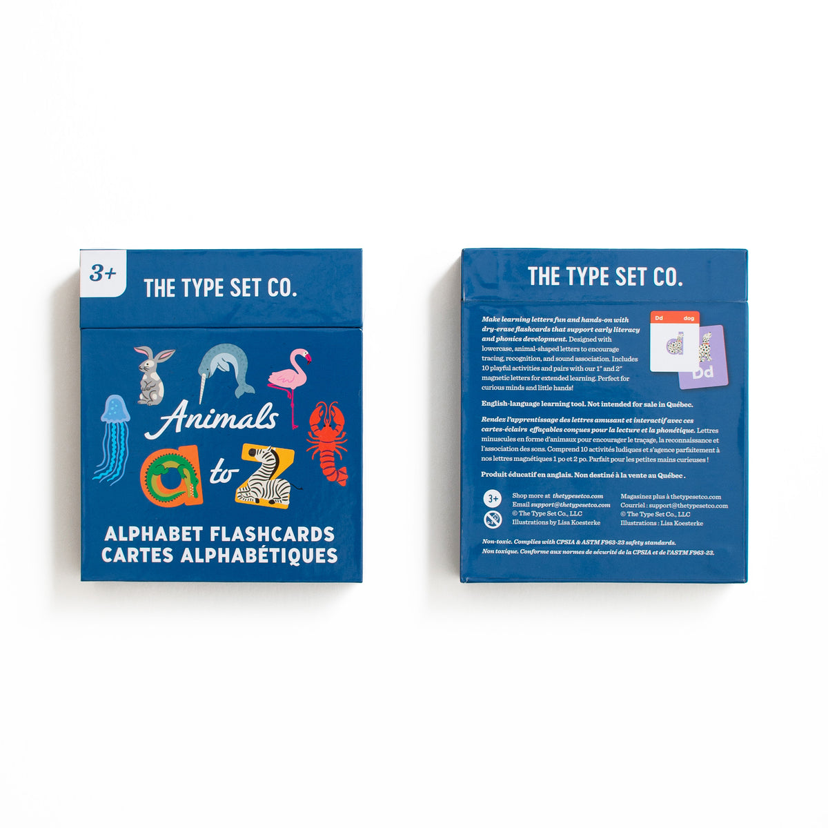 Front and back of Animals A to Z alphabet flashcards packaging on white background