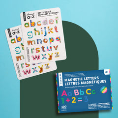 Educational Playroom Bundle featuring two packs of animal alphabet restickable nano stickers, 130-piece magnetic letter set, and a green 16x20 mini magnetic wall decal.