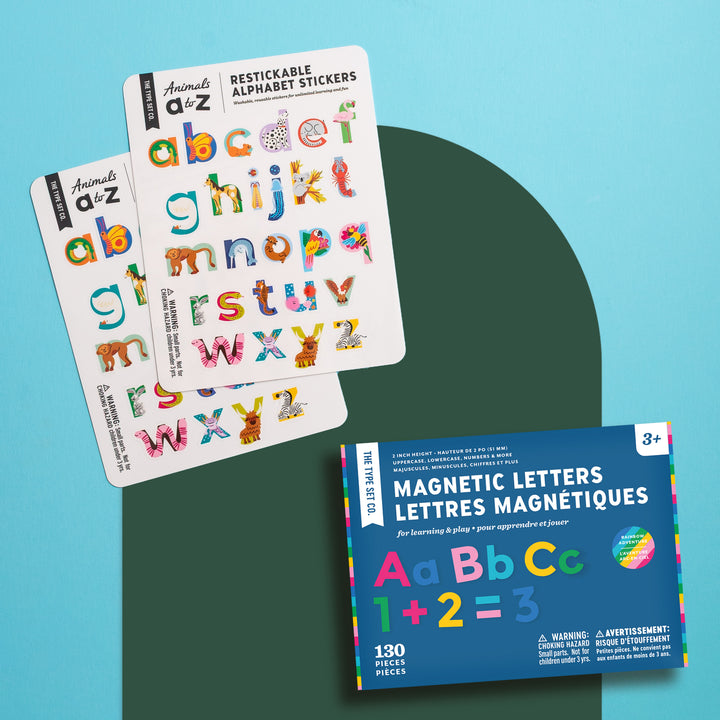 Educational Playroom Bundle featuring two packs of animal alphabet restickable nano stickers, 130-piece magnetic letter set, and a green 16x20 mini magnetic wall decal.