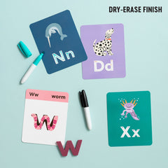 Educational alphabet flashcards featuring the dry-erase finish in use and mini dry-erase markers.