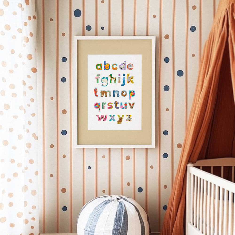 Framed Animal Alphabet Poster in Colorful Children's Nursery Interior