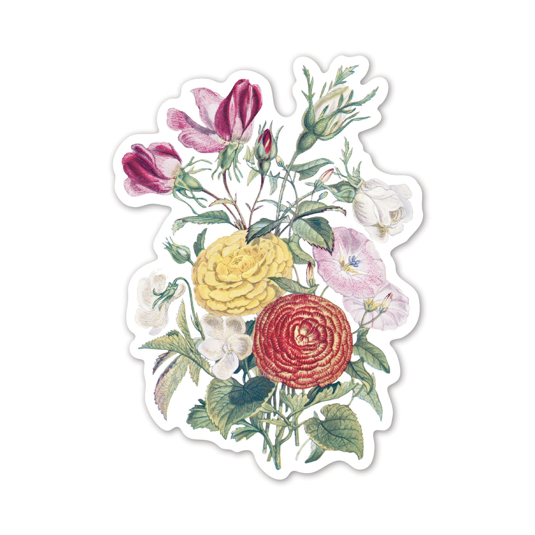 White Violet, Small Bindweed, Red and White Rosebud and Asiatic Ranunculus Vintage Flower Bouquet Sticker