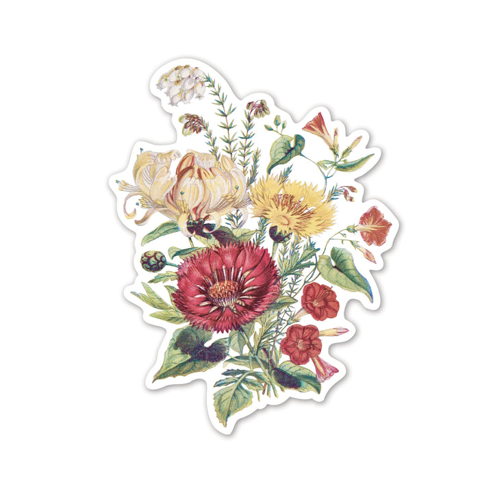 Scarlet Ipomoea, Honeysuckle, White Heath and Sweet Sulian Vintage Flower Bouquet Sticker