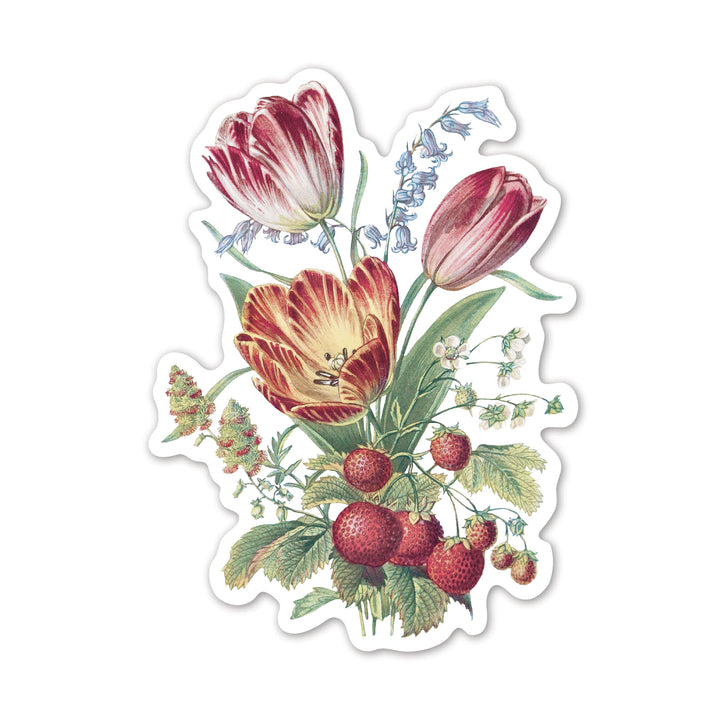 Strawberry, Mignonette, Tulip, and Blue Bell Vintage Flower Bouquet Sticker