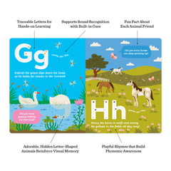 Diagram showing two Animals A to Z alphabet pages that highlight traceable letters for hands-on learning, built-in phonics cues for sound recognition, hidden letter-shaped animal illustrations to support visual memory, playful rhymes that build phonemic awareness, and fun facts about each animal.