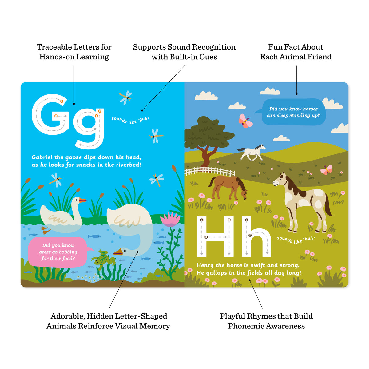 Diagram showing two Animals A to Z alphabet pages that highlight traceable letters for hands-on learning, built-in phonics cues for sound recognition, hidden letter-shaped animal illustrations to support visual memory, playful rhymes that build phonemic awareness, and fun facts about each animal.