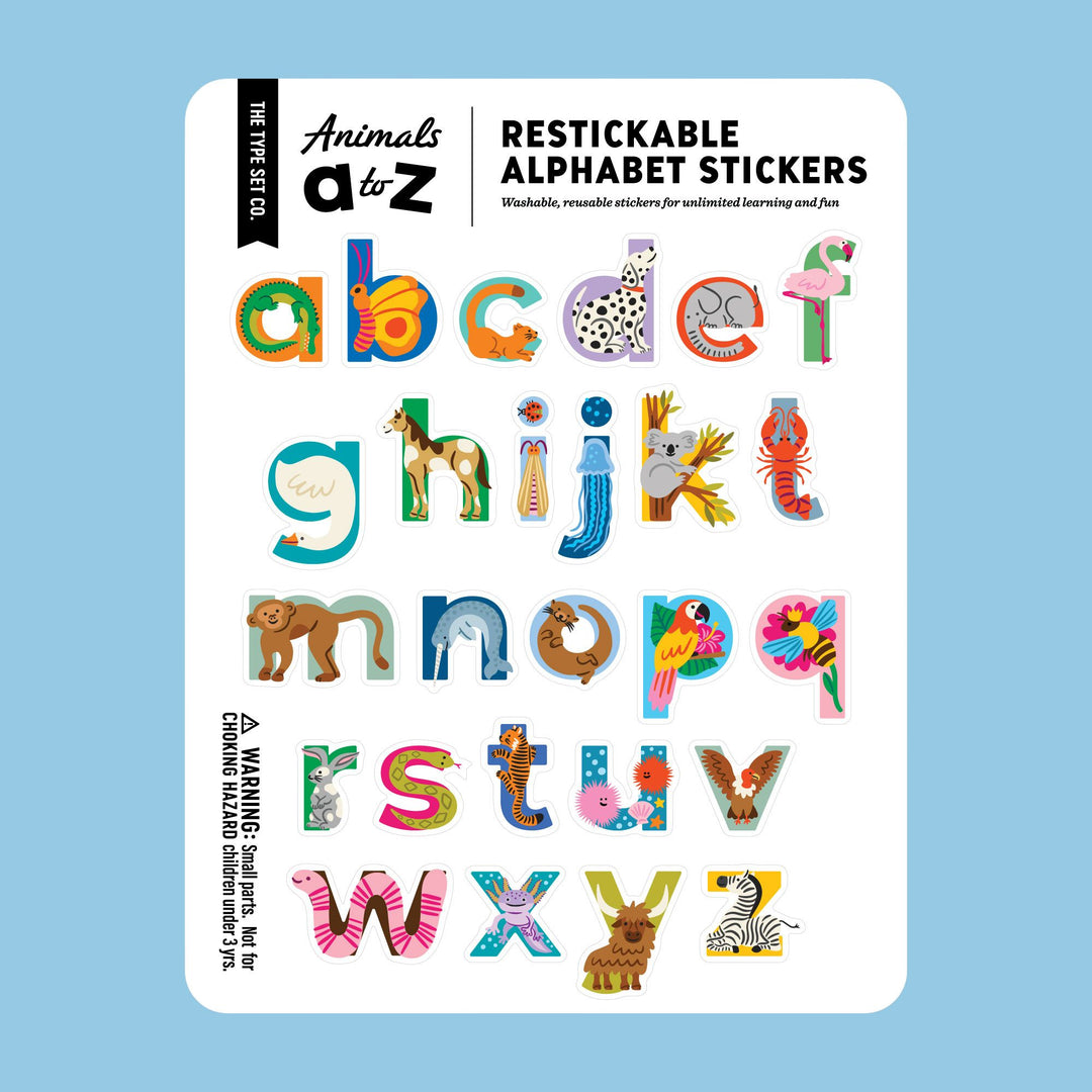 Packaging of restickable alphabet stickers with lowercase animal-themed letters on a white background.