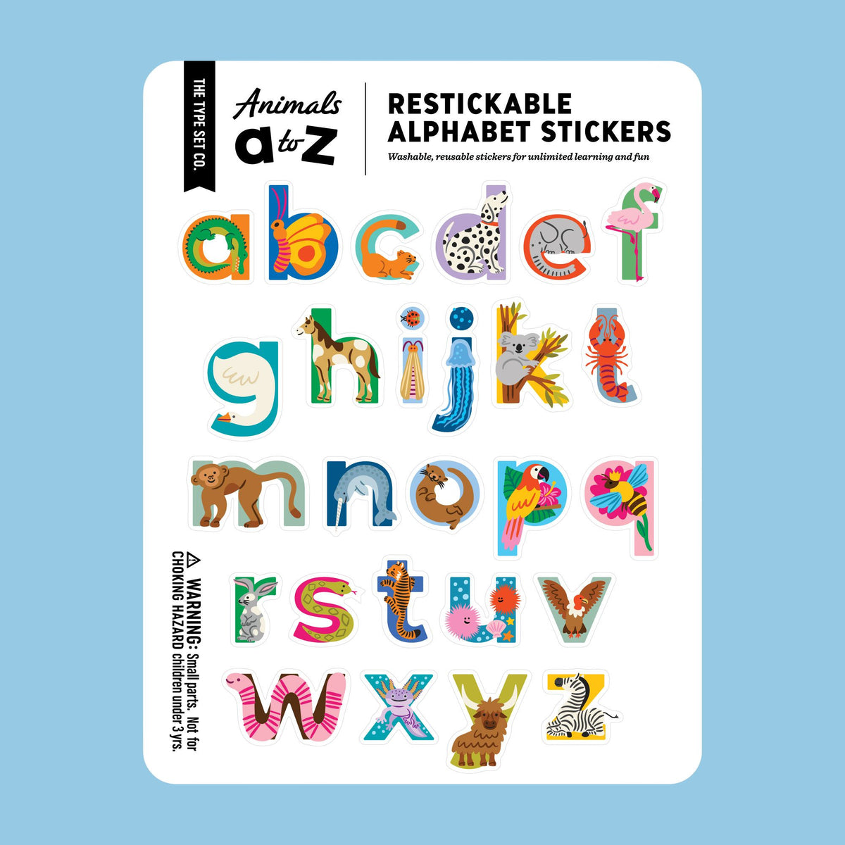 Packaging of restickable alphabet stickers with lowercase animal-themed letters on a white background.