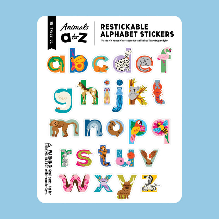 Packaging of restickable alphabet stickers with lowercase animal-themed letters on a white background.