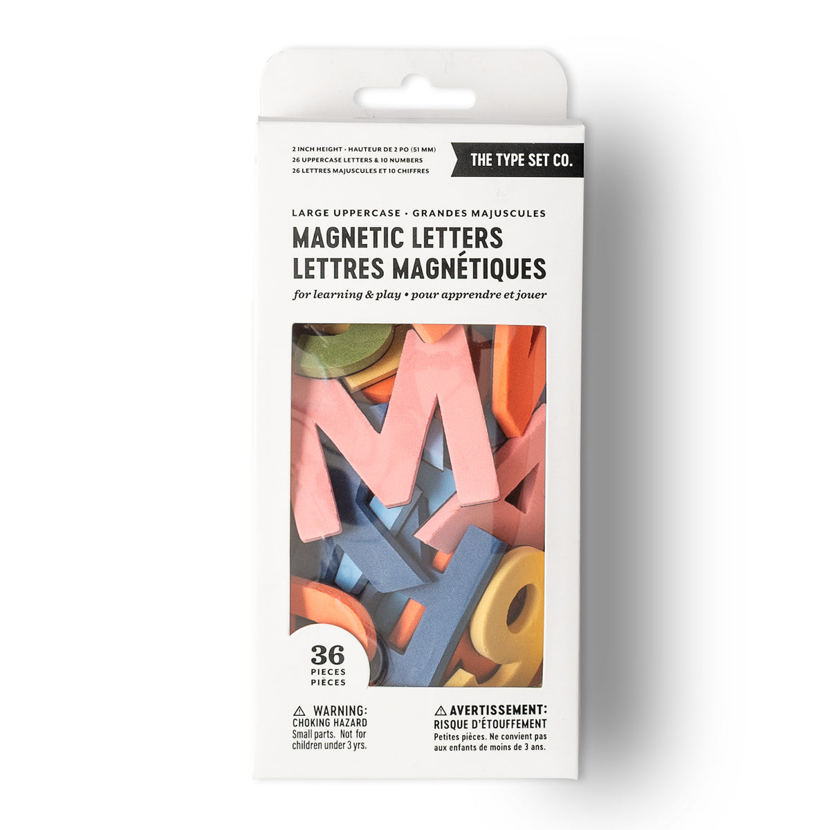 36pc rainbow mod uppercase magnetic letters and numbers in box packaging on white background