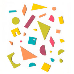 Colorful geometric shape magnets in rainbow pop on a white background
