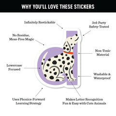 Sticker with a dalmatian dog design and text listing features on a white background.