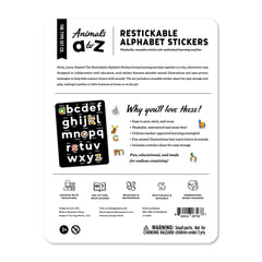 Back of a packaging for restickable alphabet stickers with text and icons.