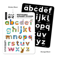Sticker sheet and storage sheet with alphabetic and animal-themed designs on a white background