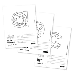 Set of educational animal alphabet coloring worksheets with letters and illustrations on a white background