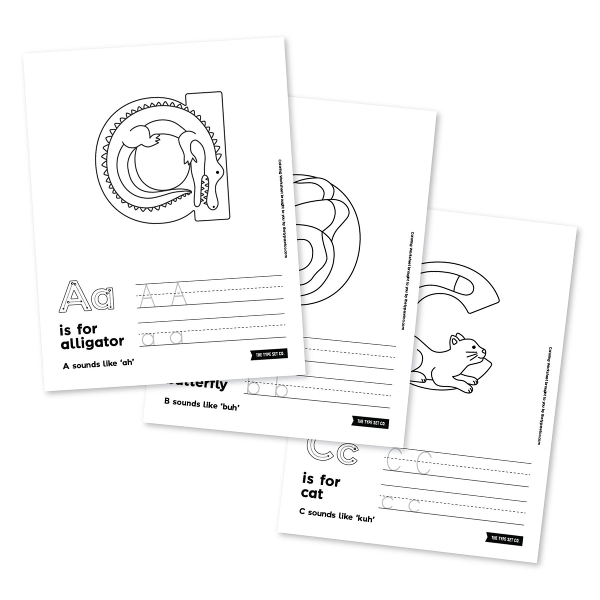 Set of educational animal alphabet coloring worksheets with letters and illustrations on a white background