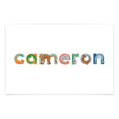 Personalized name card with cartoon characters for 'Cameron' on a white background