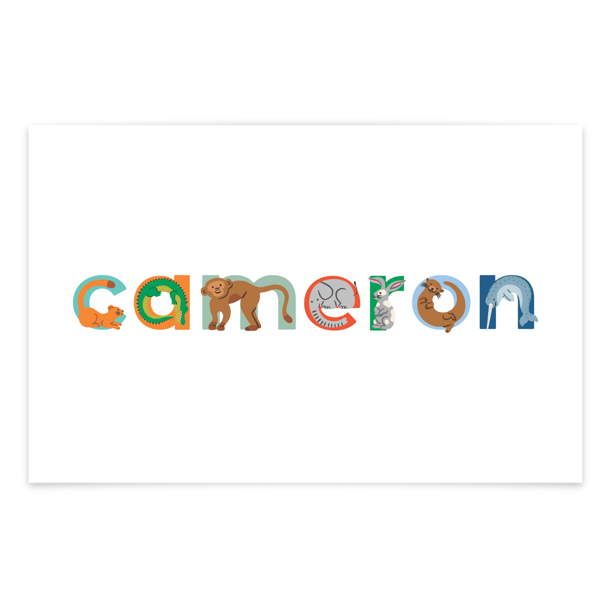 Personalized name card with cartoon characters for 'Cameron' on a white background