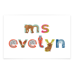 Colorful animal-themed letters spelling 'ms evelyn' on a white background