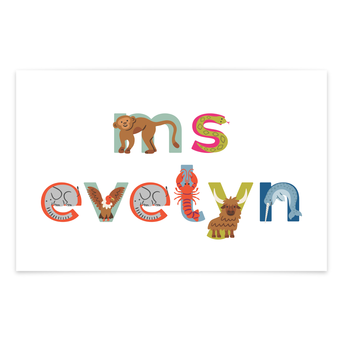 Colorful animal-themed letters spelling 'ms evelyn' on a white background