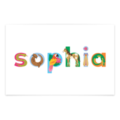 Name 'Sophia' spelled out with colorful animal-themed letters on a white background