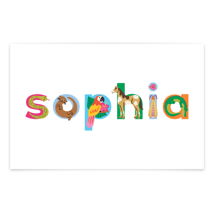 Name 'Sophia' spelled out with colorful animal-themed letters on a white background